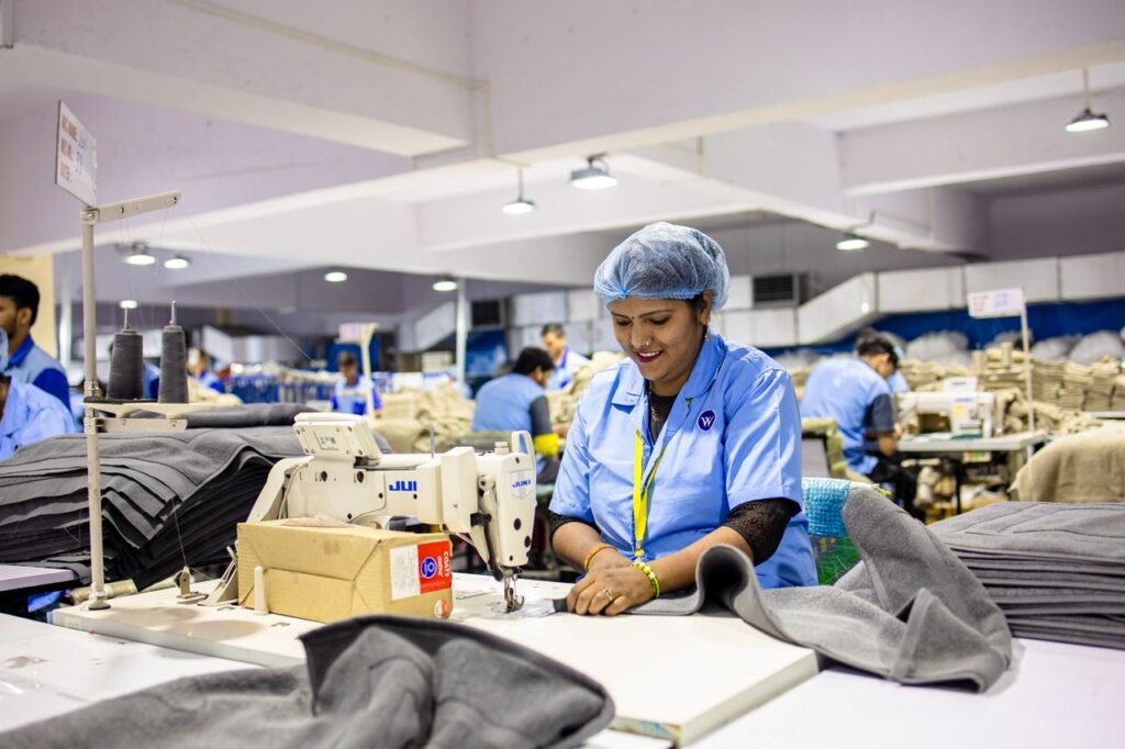 Textile and apparel production floor with sewing lines